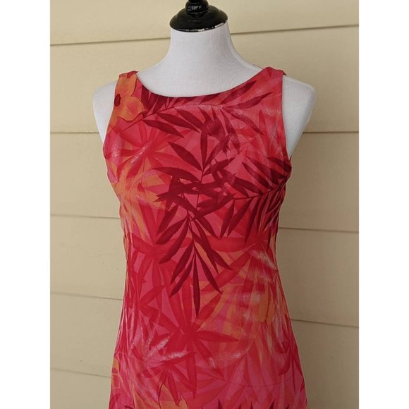 Flirty Orange Red Floral Sleeveless Summer Dress Low Back Stretch Sheer Tropical - Picture 2 of 8